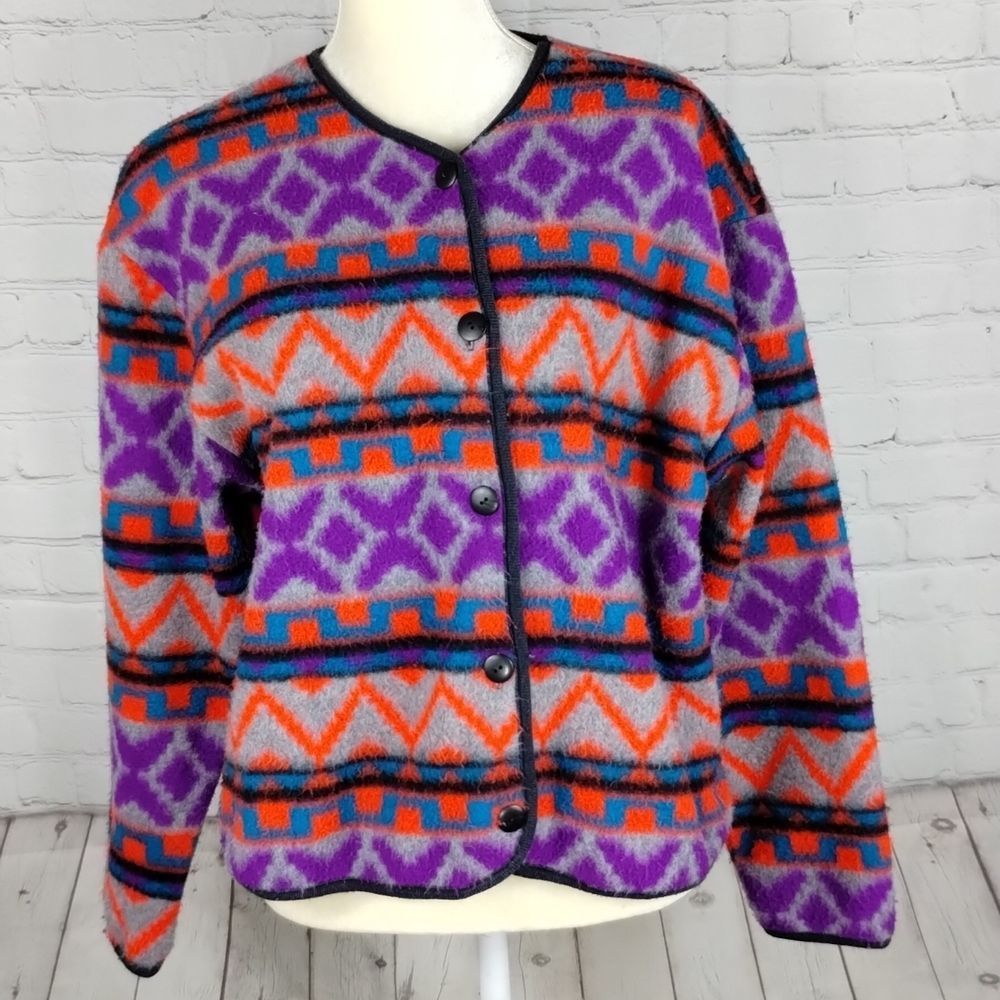 David Wayne Vintage Vibrant Color Pattern Fleece Button Down Cardigan
